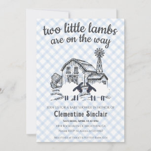 003 Cobalt Blue Little Lambs Gingham Baby Shower Invitation