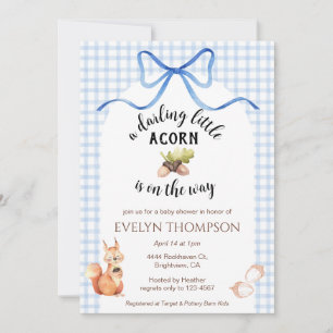 003 Cobalt Blue Squirrel Acorn Gingham Baby Shower Invitation