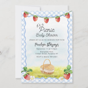 003 Cobalt Blue Strawberry Picnic Baby Shower Invitation