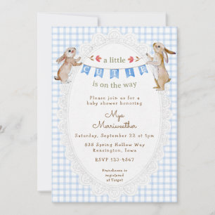 003 Cobalt Blue Sweet Bunny Gingham Baby Shower Invitation