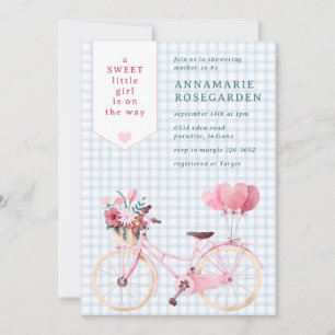 003 Cobalt Blue Sweet Floral Girl Bike Baby Shower Invitation