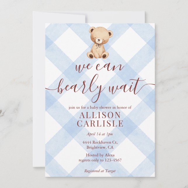 003 Cobalt Blue Teddy Bear Gingham Baby Shower Invitation (Front)
