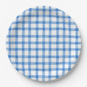 003 Cobalt Blue Watercolor Gingham L Paper Plates