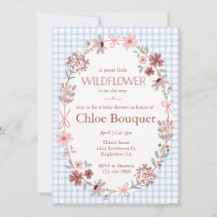 003 Cobalt Blue Wildflower Bow Gingham Baby Shower Invitation
