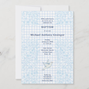 003 Cobalt Dove Botanical Cross Gingham Baptism Invitation