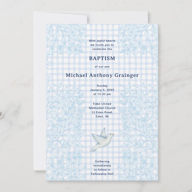 003 Cobalt Dove Botanical Cross Gingham Baptism Invitation (Front)