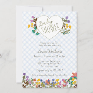 003 Cobalt Gingham Garden Heart Floral Baby Shower Invitation