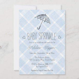 003 Cobalt Plaid Umbrella Baby Sprinkle Shower Invitation