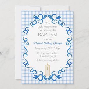 003 Cobalt Scroll Gingham Cross Candle Baptism Invitation