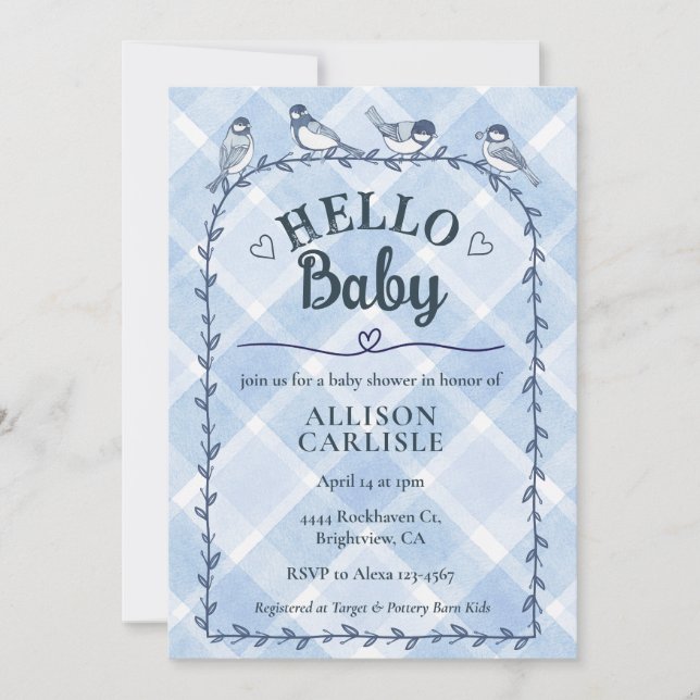 003 Cobalt Watercolor Gingham Birds Baby Shower Invitation (Front)