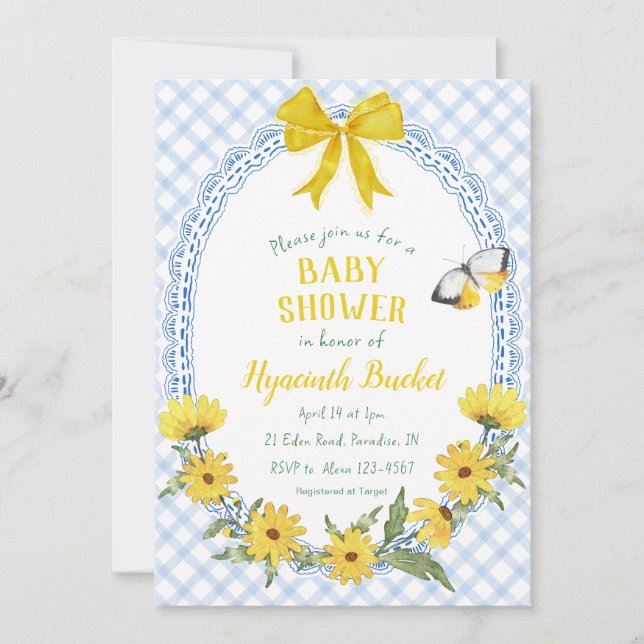003 Cobalt Yellow Daisy Bow Gingham Baby Shower Invitation (Front)