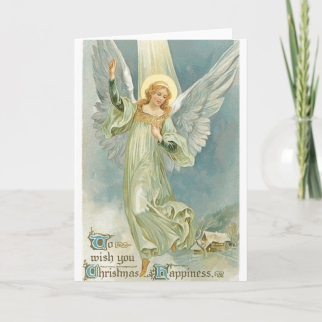 003 Vintage Christmas Card Blonde Angel Halo Snowy (Front)
