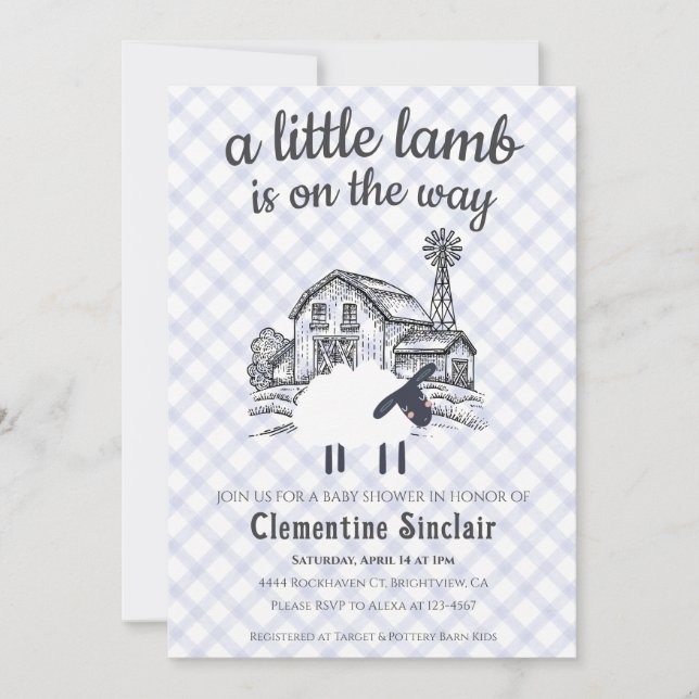 004 Indigo Blue A Little Lamb Gingham Baby Shower Invitation (Front)