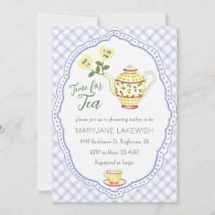 004 Indigo Blue Cute Gingham Tea Party Baby Shower Invitation