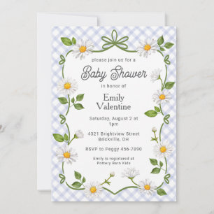 004 Indigo Blue Floral Daisy Plaid Baby Shower Invitation