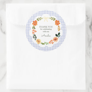 004 Indigo Blue Floral Gingham Baby Shower Classic Round Sticker