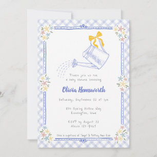 004 Indigo Blue Gingham Watering Can Baby Shower Invitation