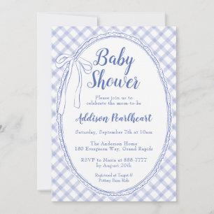 004 Indigo Blue Heirloom Lace Gingham Baby Shower Invitation