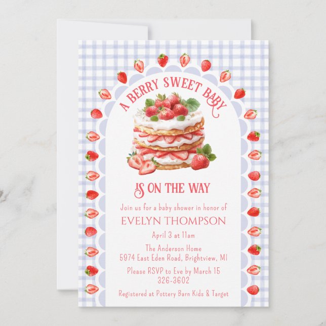 004 Indigo Blue Strawberry Shortcake Baby Shower Invitation (Front)