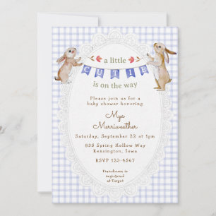 004 Indigo Blue Sweet Bunny Gingham Baby Shower Invitation