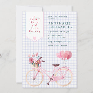 004 Indigo Blue Sweet Floral Girl Bike Baby Shower Invitation