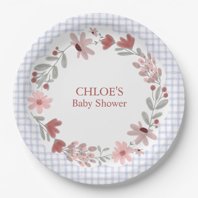 004 Indigo Blue Wildflower Bow Frame Gingham Paper Plate (Front)