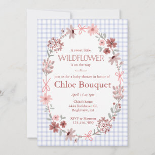 004 Indigo Blue Wildflower Bow Gingham Baby Shower Invitation