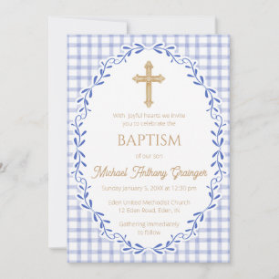 004 Indigo Botanical Vine Ornate Cross Baptism Invitation