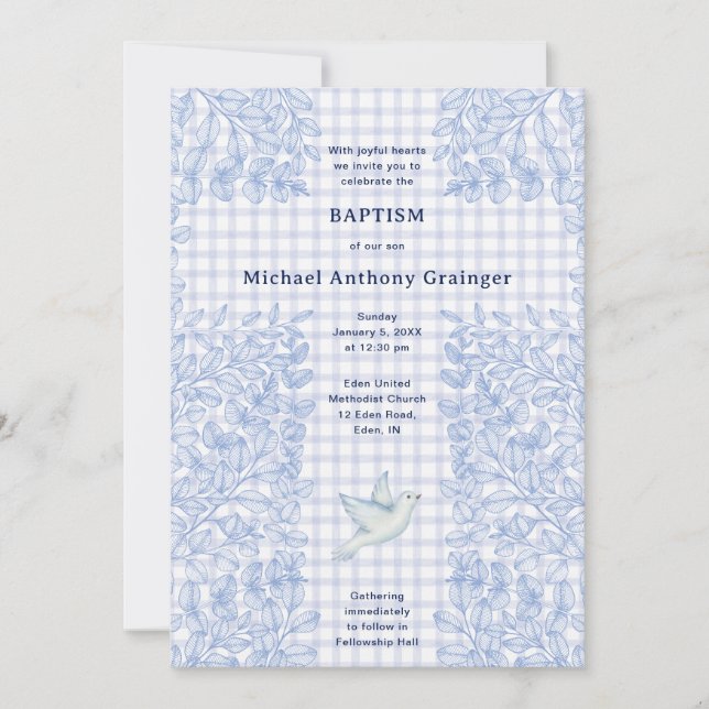 004 Indigo Dove Botanical Cross Gingham Baptism Invitation (Front)