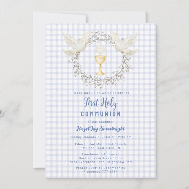 004 Indigo Dove & Chalice Gingham 1st Communion Invitation (Front)