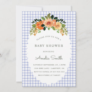 004 Indigo Floral Gingham Baby Shower Invitations