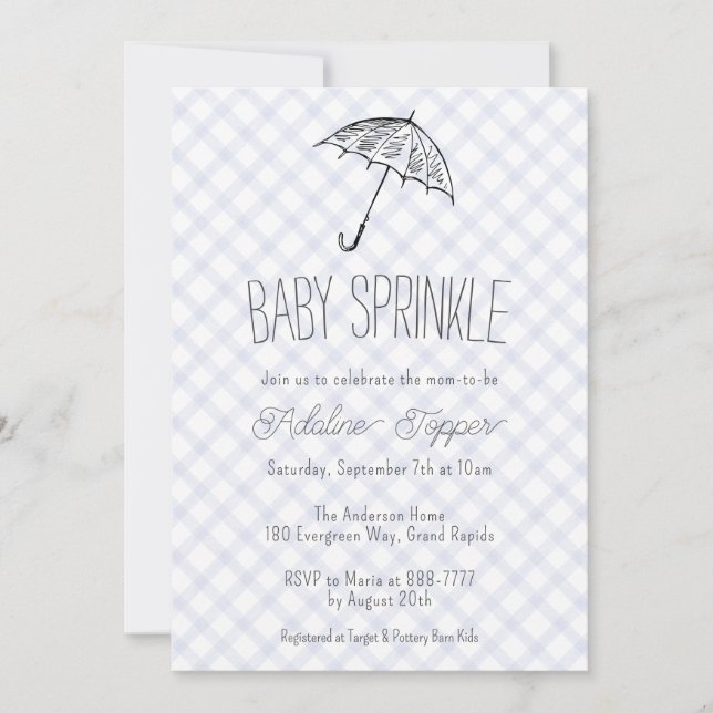 004 Indigo Modern Umbrella Baby Sprinkle Gingham Invitation (Front)