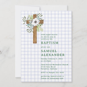 004 Indigo Rustic Greenery Wooden Cross Baptism Invitation