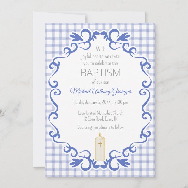 004 Indigo Scroll Gingham Cross Candle Baptism Invitation (Front)