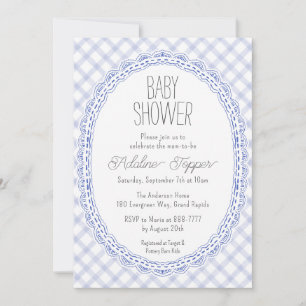 004 Indigo Vintage Lace Frame Gingham Baby Shower Invitation