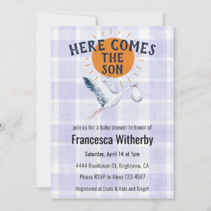 004 Indigo Watercolor Plaid Stork Boho Baby Shower Invitation