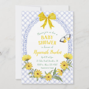 004 Indigo Yellow Daisy Bow Gingham Baby Shower Invitation