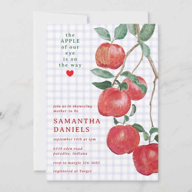005 Iris Apple of Our Eye Gingham Baby Shower Invitation (Front)