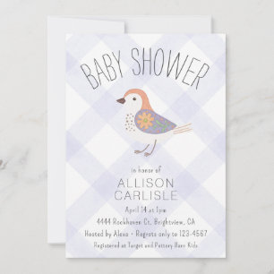005 Iris Cute Floral Bird Gingham Baby Shower Invitation