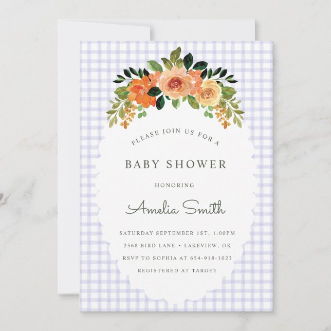 005 Iris Floral Gingham Baby Shower Invitations (Front)