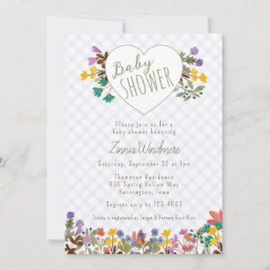 005 Iris Gingham Garden Heart Floral Baby Shower Invitation
