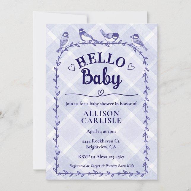 005 Iris Watercolor Gingham Birds Baby Shower Invitation (Front)