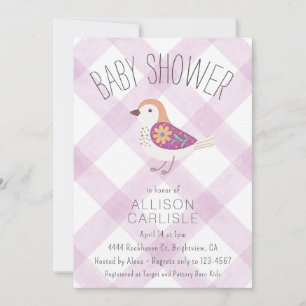 006 Wine Cute Floral Bird Gingham Baby Shower Invitation
