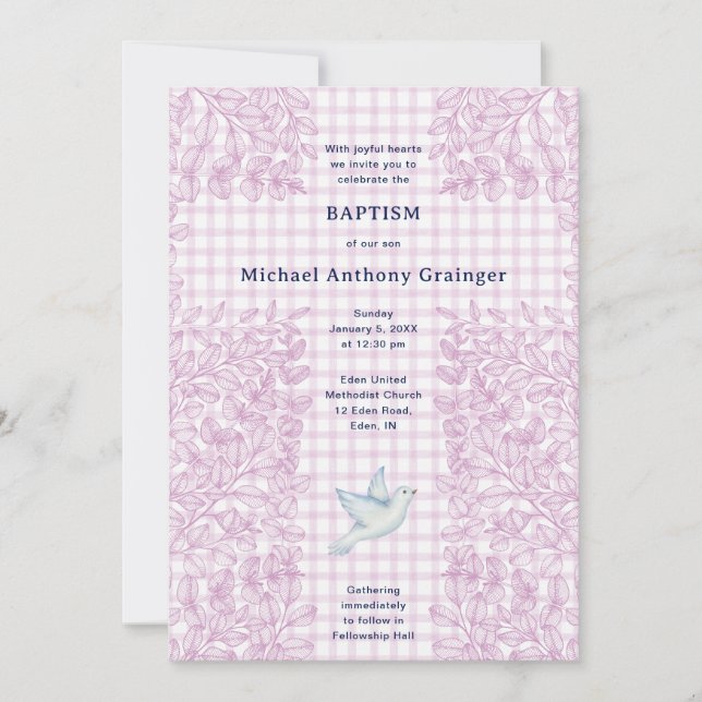 006 Wine Dove Botanical Cross Gingham Baptism Invitation (Front)