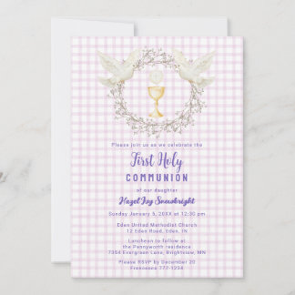 006 Wine Dove & Chalice Gingham 1st Communion Invitation
