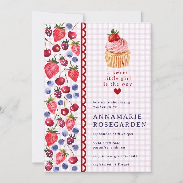 006 Wine Purple Berry Patch Cupcake Baby Shower Invitation (Front)