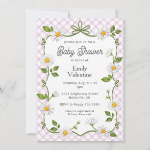 006 Wine Purple Floral Daisy Plaid Baby Shower Invitation
