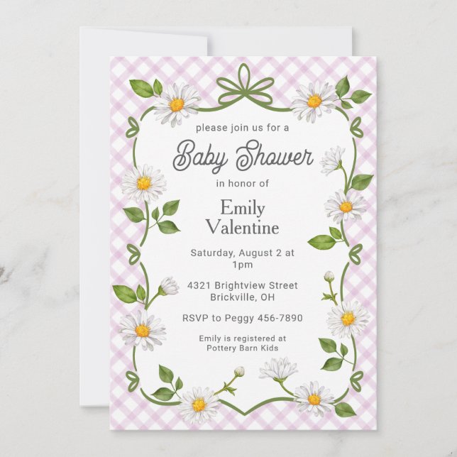 006 Wine Purple Floral Daisy Plaid Baby Shower Invitation (Front)