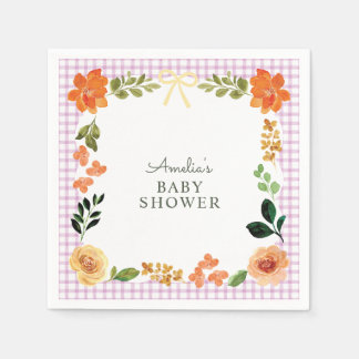 006 Wine Purple Floral Gingham Baby Shower Napkin