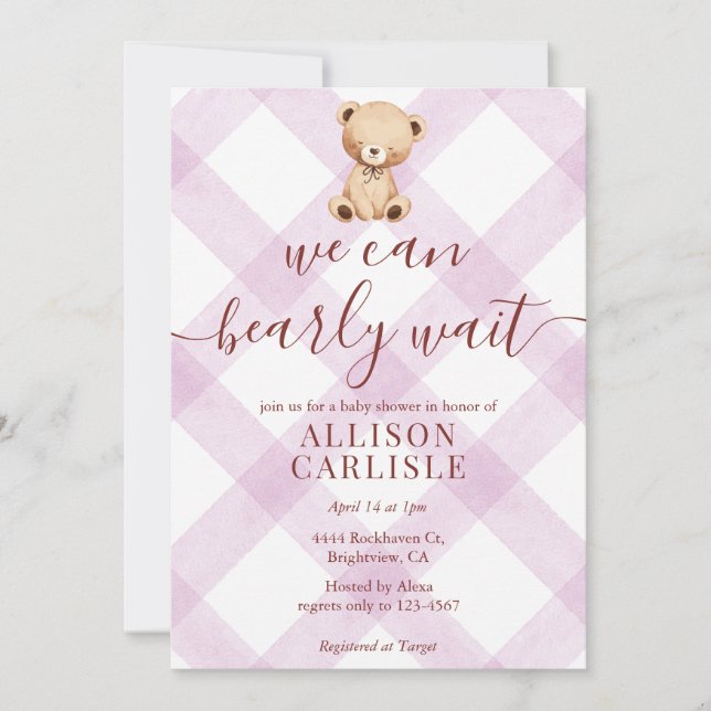 006 Wine Purple Teddy Bear Gingham Baby Shower Invitation (Front)